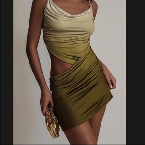 MESHKI Nellie Cowl Draped Slinky Mini Dress in Ombre  Olive